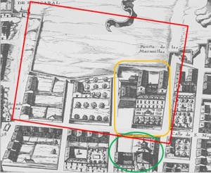 Sobre el Plano de Texeira de 1656, señalado en naranja el primitivo Palacio, en color verde la Iglesia-Convento de las Maravillas y en rojo, los límites aproximados que llegó a tener Monteleón